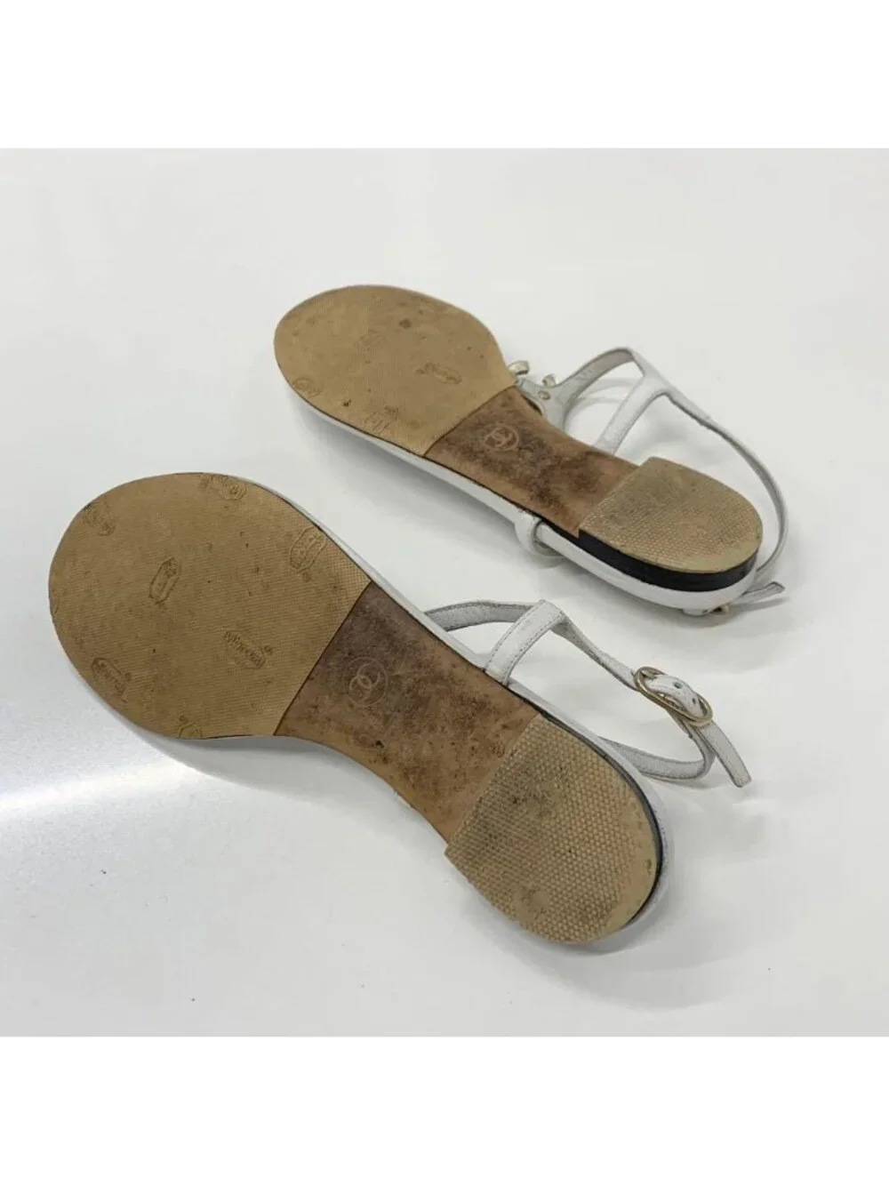Chanel CC Logo Leather Line Stone Strap Thong Sandals